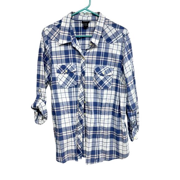 Torrid Women's Plaid Cotton Lightweight Blue White Button Down Top Size 0/Large - Picture 1 of 3
